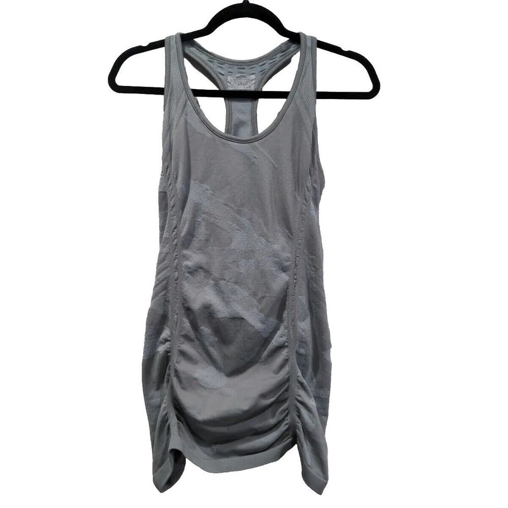 Athleta Ruched Camo Print Gray Tank Size Medium Stretch Athletic Yoga Racerback